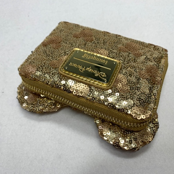Loungefly Disney Wallet Gold Sequin Mickey Minnie Metallic 5 x 5 NWT Disneyland - Picture 5 of 9